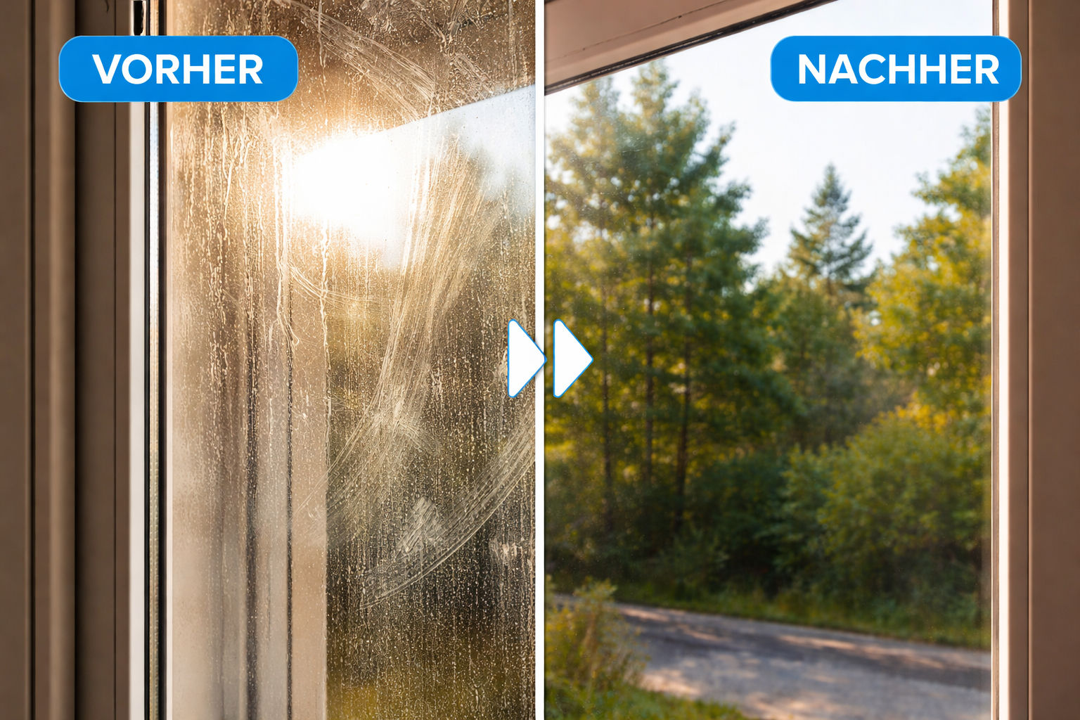 Fenster Vergleich vorher mit Schlieren und nachher streifenfrei sauber